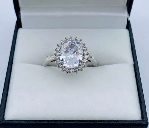 *BIG SILVER CUBIC HALO SOLITAIRE RING* R1 BIDS