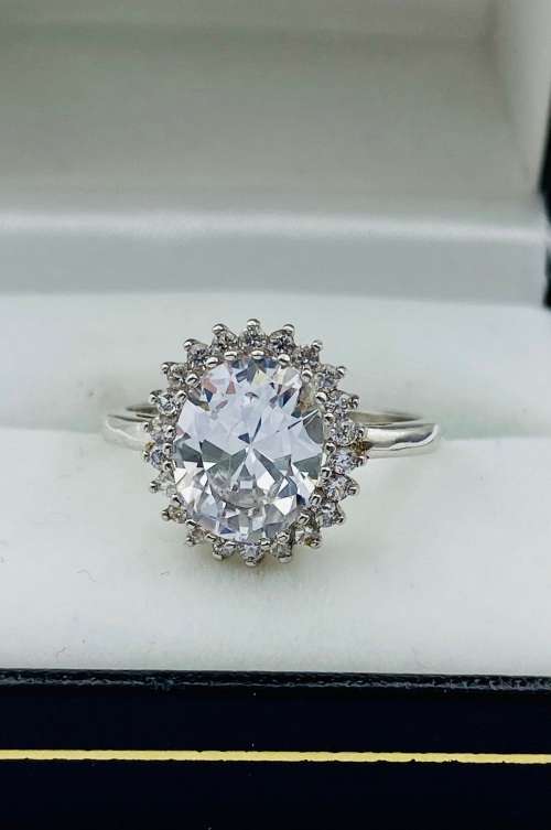 *BIG SILVER CUBIC HALO SOLITAIRE RING* R1 BIDS