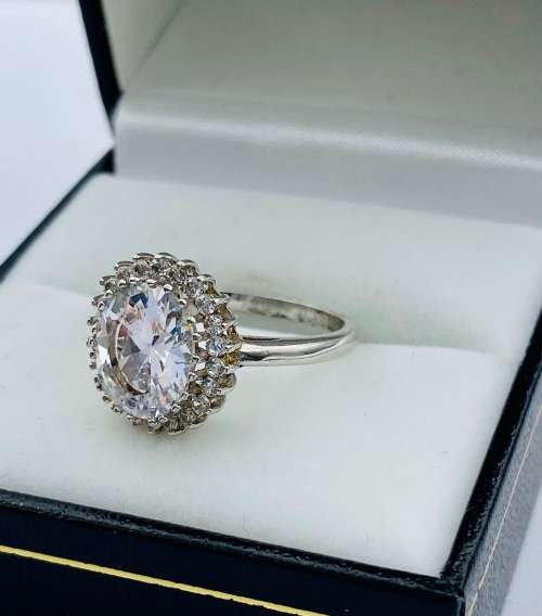 *BIG SILVER CUBIC HALO SOLITAIRE RING* R1 BIDS