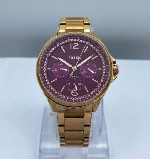 *FOSSIL ROSE GOLD PLUM DIAMANTE CHRONOGRAPH WATCH* R1 BIDS!!!