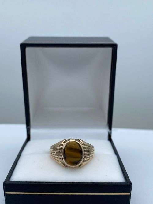 ***UNIQUE YELLOW GOLD TIGERS EYE SIGNET RING*** R1 BIDS!