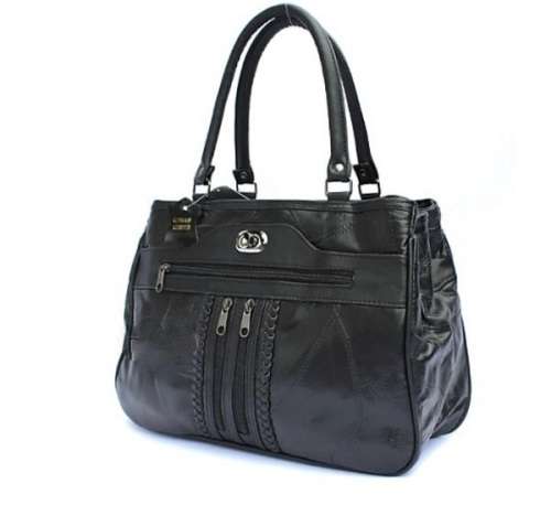 Genuine Leather Patchwork Handbag - Black
