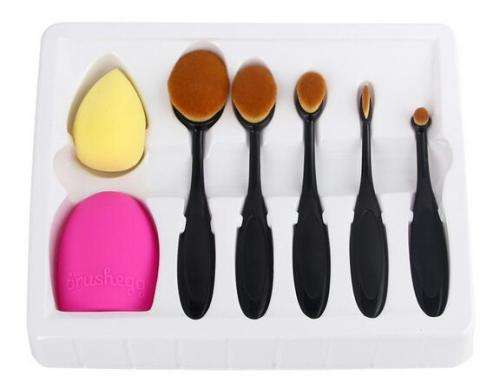 Oval Makeup Brush Set 7Pc - 5 Brushes with Sponge and Brush Cleaning Egg