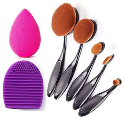 Oval Makeup Brush Set 7Pc - 5 Brushes with Sponge and Brush Cleaning Egg