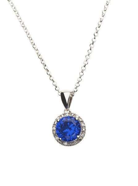 S925 Sterling Silver Necklace with Sapphire Crystal and Simulated Diamonds Halo Pendant