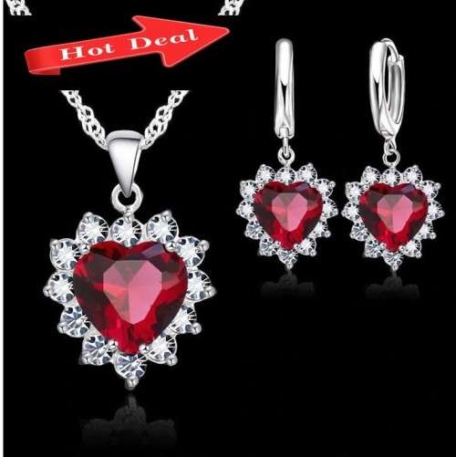 Sterling Silver S925 Necklace and Earring Jewellery Set with Simulated Rubies