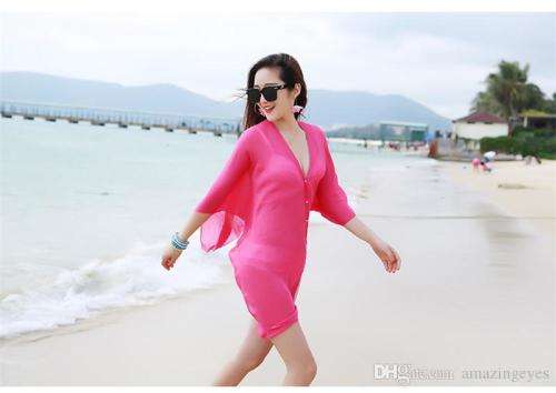 Sheer Beach Swimwear Cover-up Kaftan - One Size - Cerise
