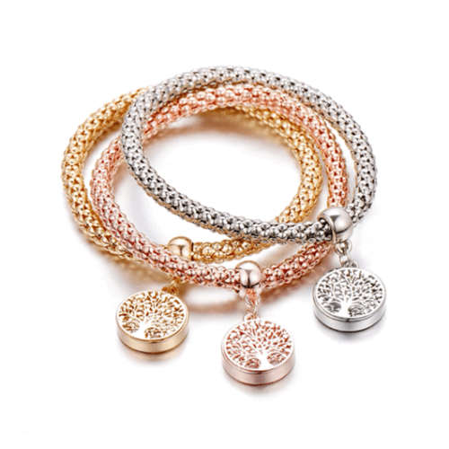 Tree of Life Bracelet Set of 3 - Silver, Rose Gold and Yellow Gold Plated