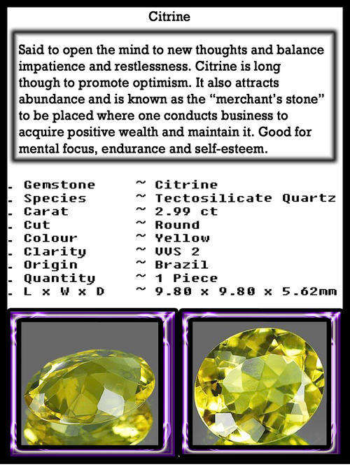 From R1, 2.99ct, Yellow Citrine, Originated from Beautiful Brazil, Round Cut Especially for U.
