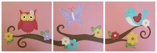 Bird, Owl and Butterfly Pink Canvas Painting Set / 3 Pieces