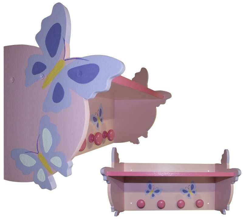 Wooden Butterfly Shelf with Knobs / Pink & Lilac