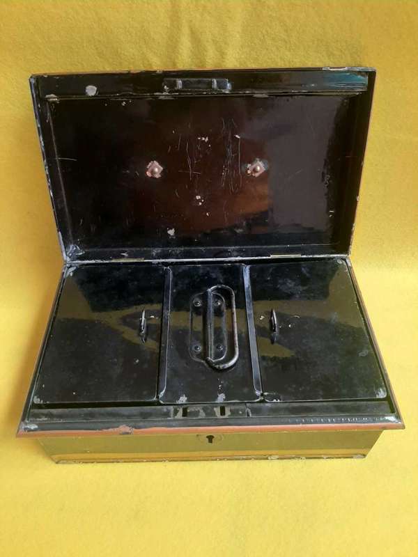 Antique Metal Money / Cash Box with Tray