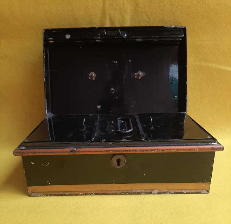 Antique Metal Money / Cash Box with Tray