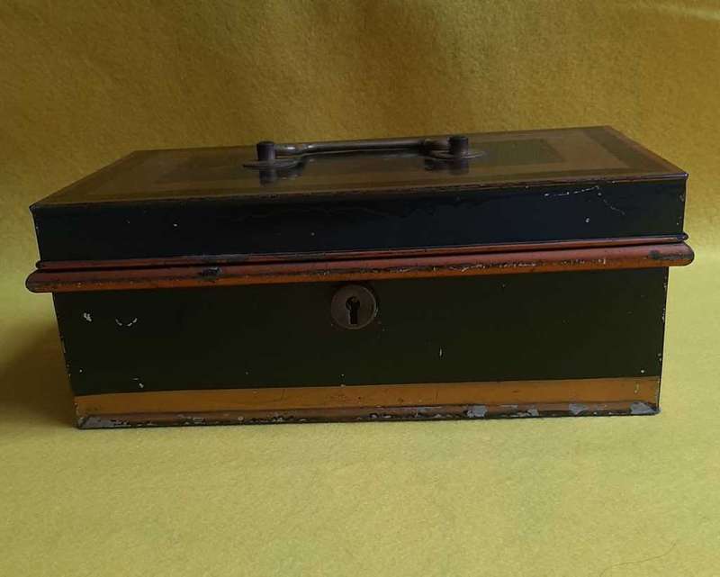 Antique Metal Money / Cash Box with Tray