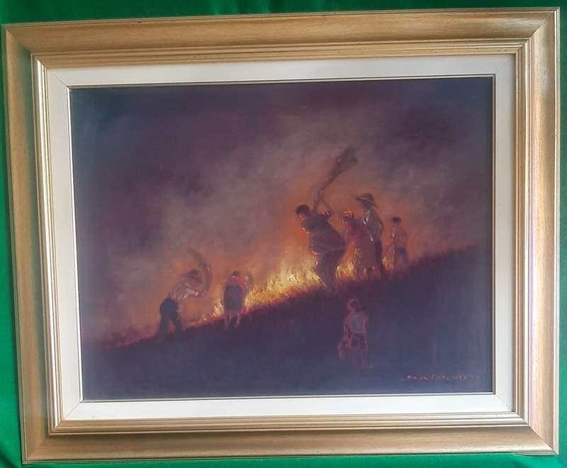 Paul Potgieter. Large original oil on board. Fighting fire at night / Die Vuurslaners