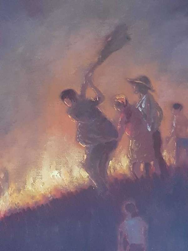 Paul Potgieter. Large original oil on board. Fighting fire at night / Die Vuurslaners