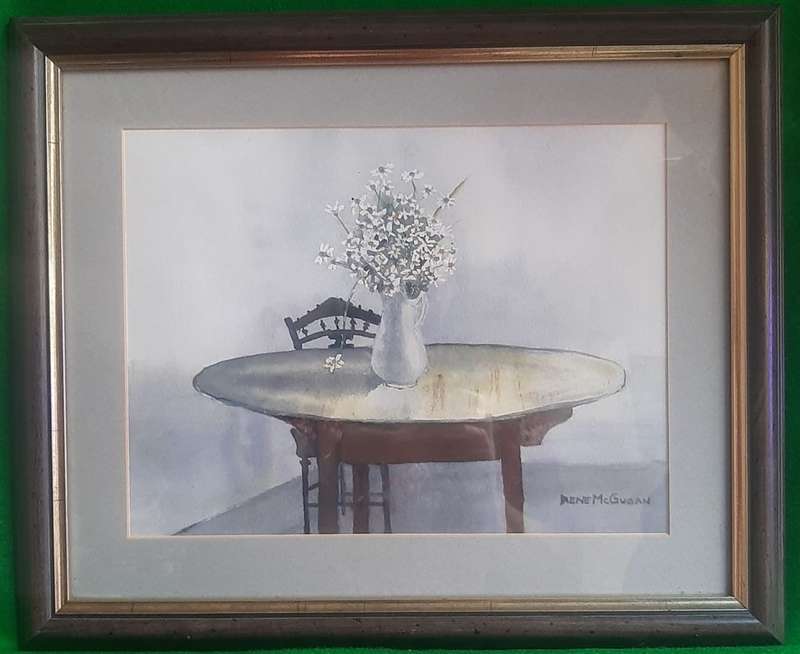 Original still life watercolour framed behind glass. Signed Irene McGugan