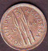 Southern Rhodesia 3d tickey Silver 1944 Silver