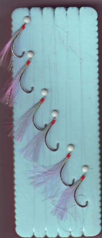 MACKERAL JIG PINK Scirt red tied with 6 x No: 4 hooks Trace