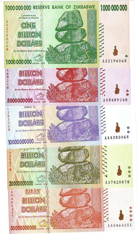 ZIMBABWE UNCIRCULATED BILLION DOLLAR SET .of 5 notes