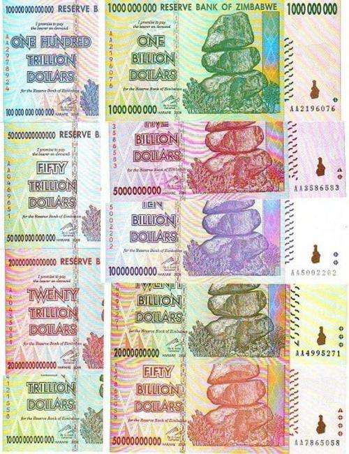 ZIMBABWE UNCIRCULATED BILLION & TRILLION DOLLAR SET OF  9  notes SERIAL NUMBERS WILL DIFFER