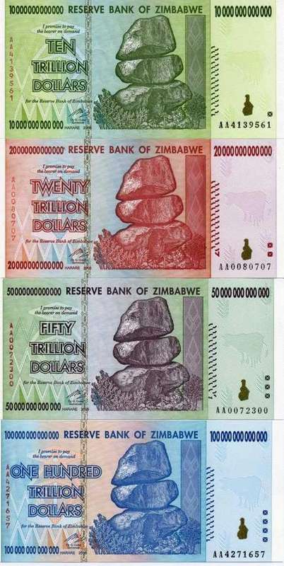 ZIMBABWE SET 10 , 20 , 50 , 100 TRILLION DOLLARS - UNC - AA PREFIX - HYPERINFLATION BANKNOTES MONEY
