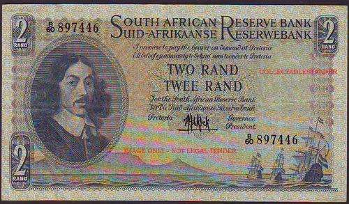 SOUTH AFRICA ,TWO RAND  SERIAL B/60 897446 GOVERNOR MH DE KOCK WATERMARK VAN RIEBECK : ENG / AFR