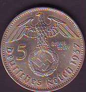 Paul Von Hindenburg 1847-1934 Reich Mark 5-00 dated 1937 Silver