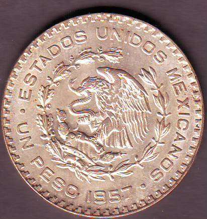 REPUBLICA DE MEXICO  1957 UN PESO SILVER Mo