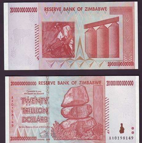 ZIMBABWE 20 TRILLION DOLLARS - UNC - AA PREFIX - HYPERINFLATION 2008 BANKNOTES