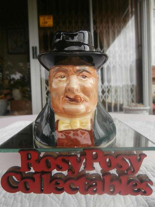 A VERY RARE ANTIQUE STAFFORSHIRE HAND PAINTED WINSTON CHURCHILL TOBY JUG IN GOOD CONDITION 10CM