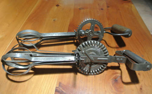 2x antique hand mixer one is wood handle another is metal handle
