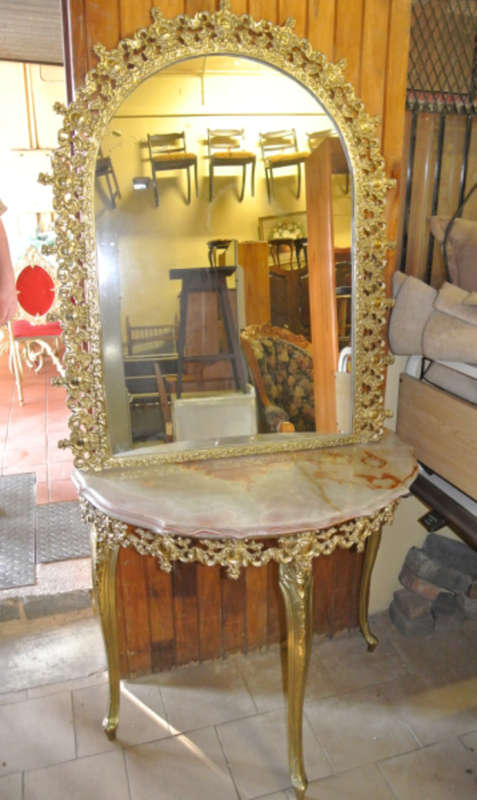 half moon marble top table with sprayed bruss colour frame mirror