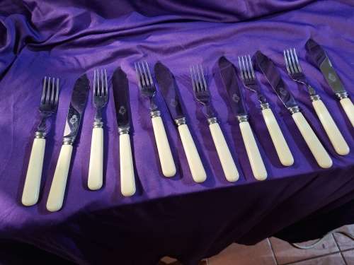 Antique fish knive and fork set bone handel