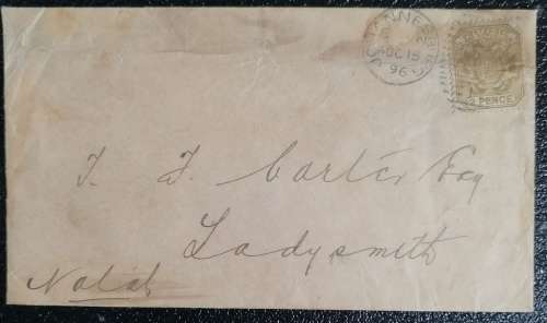 1896 LADYSMITH POSTAL HISTORY FROM TRANSVAAL - BANK EMBOSSED