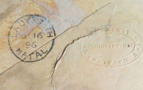 1896 LADYSMITH POSTAL HISTORY FROM TRANSVAAL - BANK EMBOSSED