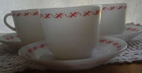 1 LOT OF 5. VINTAGE MILK GLASS CUPS AND SAUCES WITH RED DESIGN