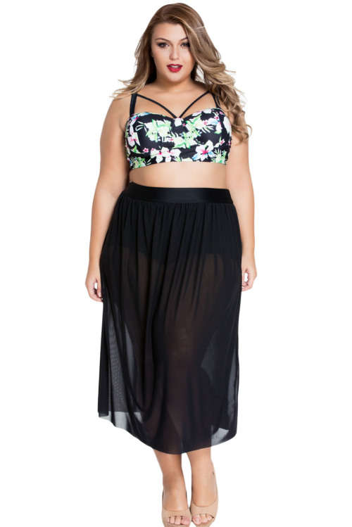 **PLUS SIZE** PRETTY TROPICAL PRINT BIKINI WITH SKIRT