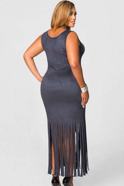 **PLUS SIZE** SEXY SUEDE FEEL FRINGE DETAIL DRESS