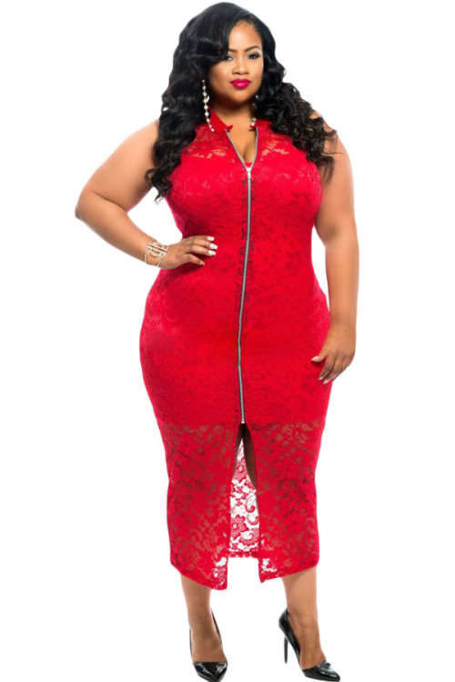 **PLUS SIZE** SEXY SLEEVELESS LACE WITH ZIPPER FRONT DETAIL DRESS