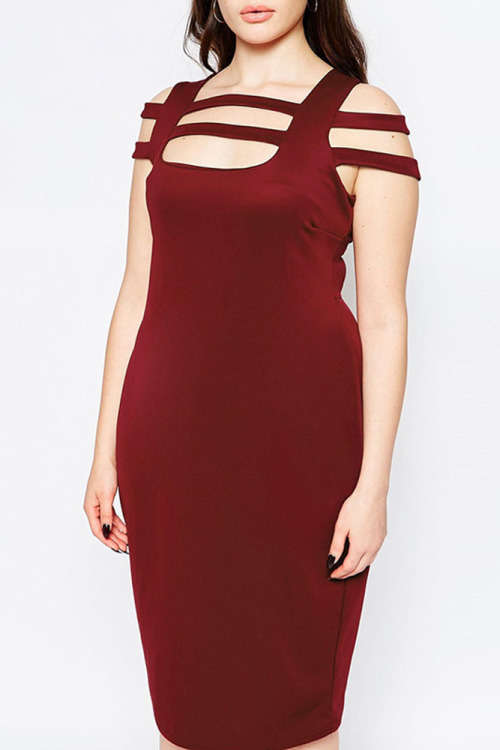 **PLUS SIZE** TRENDY CAGED SHOULDER DESIGN DRESS