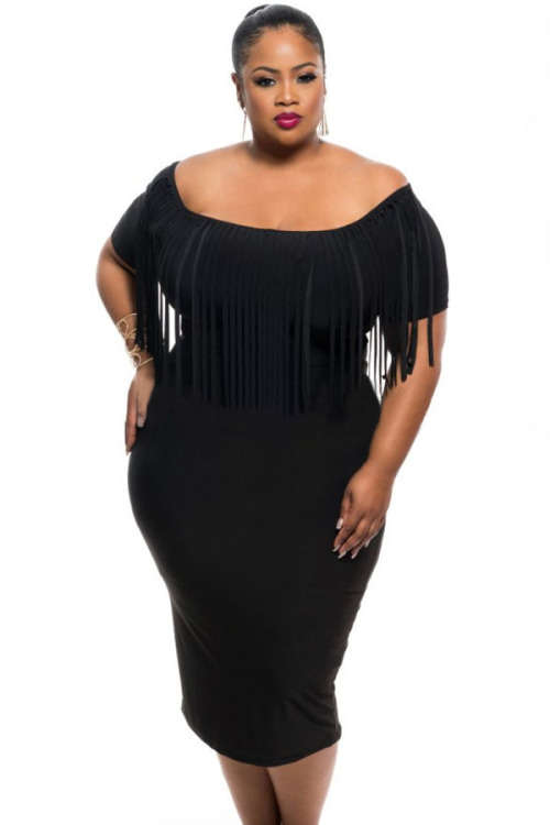 **PLUS SIZE** SEXY SOLID COLOUR FRINGE TOP DETAIL DRESS