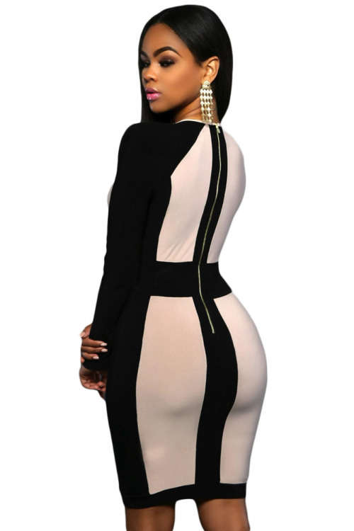 STYLISH COLOUR BLOCK DESIGN LONG SLEEVE MIDI DRESS