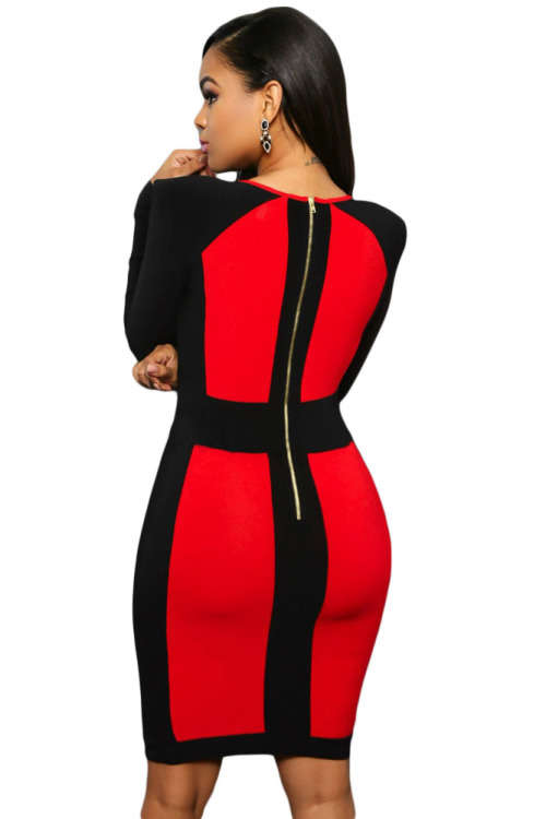 STYLISH COLOUR BLOCK DESIGN LONG SLEEVE MIDI DRESS