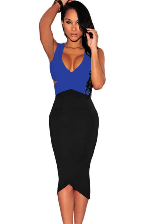 ELEGANT CONTRAST COLOUR WITH CUT AWAY DETAIL MIDI DRESS