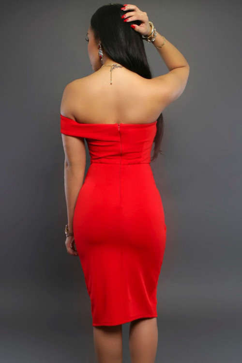 HOT RED OFF SHOULDER DESIGN MIDI DRESS