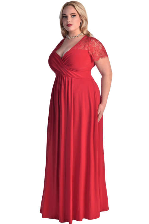 **PLUS SIZE** ELEGANT RED WITH LACE DETAILING EVENING GOWN
