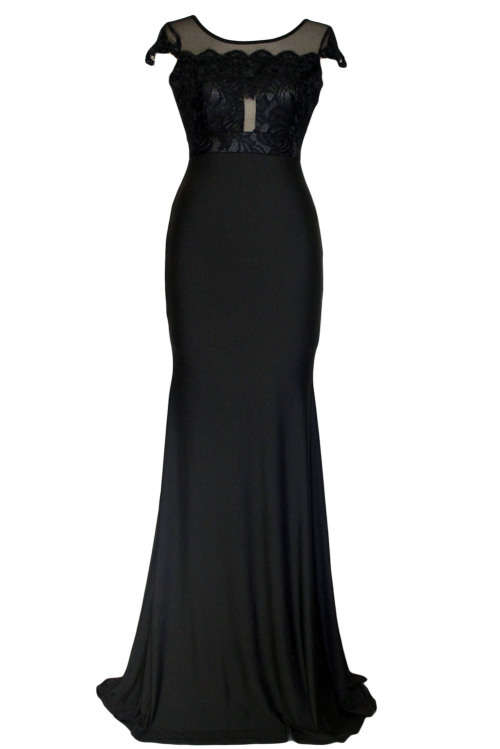 BEAUTIFUL BLACK EMBROIDERY LACE DETAIL EVENING DRESS