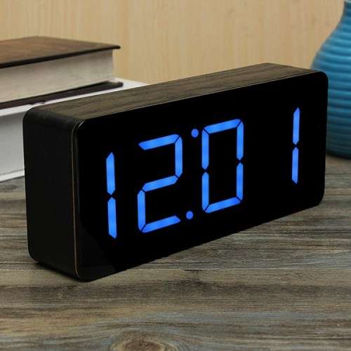 Acrylic Mirror Wooden Digital LED Alarm Clock Time Calendar Thermometer