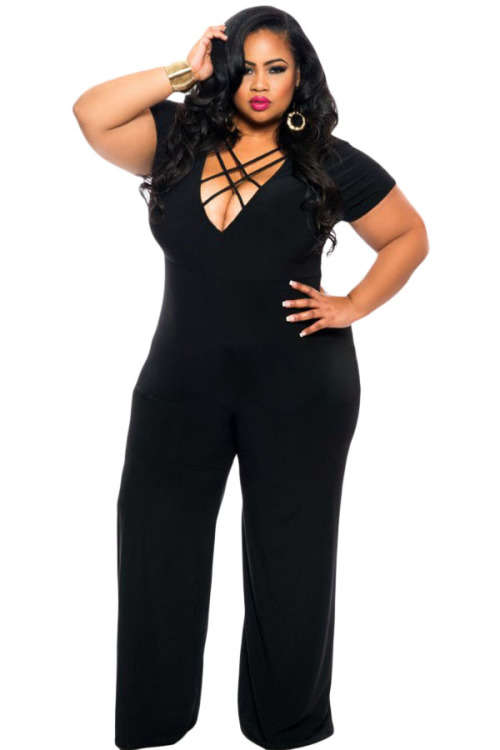 **PLUS SIZE** BEAUTIFUL BLACK V NECK WITH STRING DETAIL JUMPSUIT
